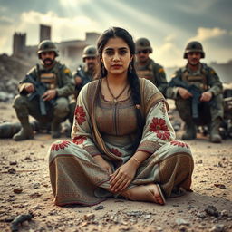 A Syrian woman sitting on the ground, surrounded by soldiers, displaying expressions of resilience and strength