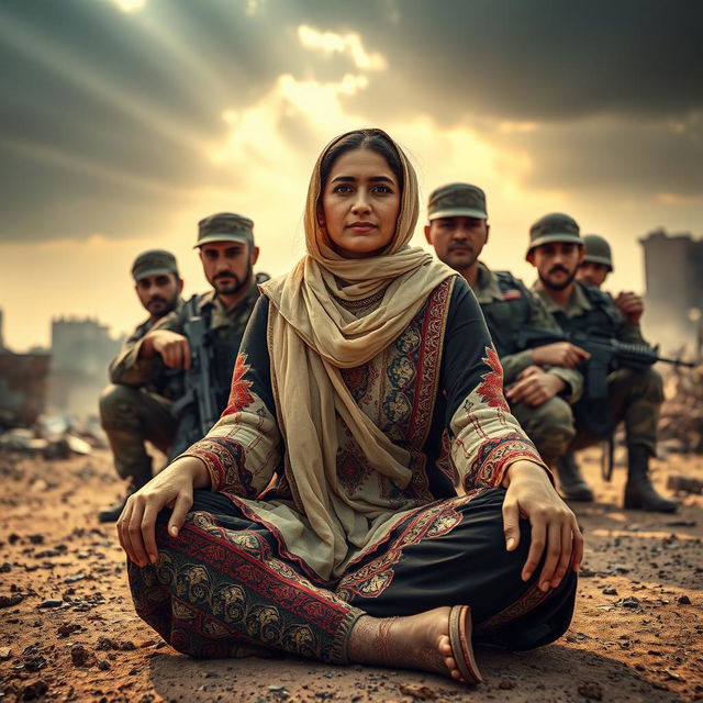 A Syrian woman sitting on the ground, surrounded by soldiers, displaying expressions of resilience and strength