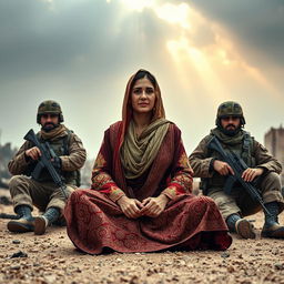 A Syrian woman sitting on the ground, surrounded by soldiers, displaying expressions of resilience and strength