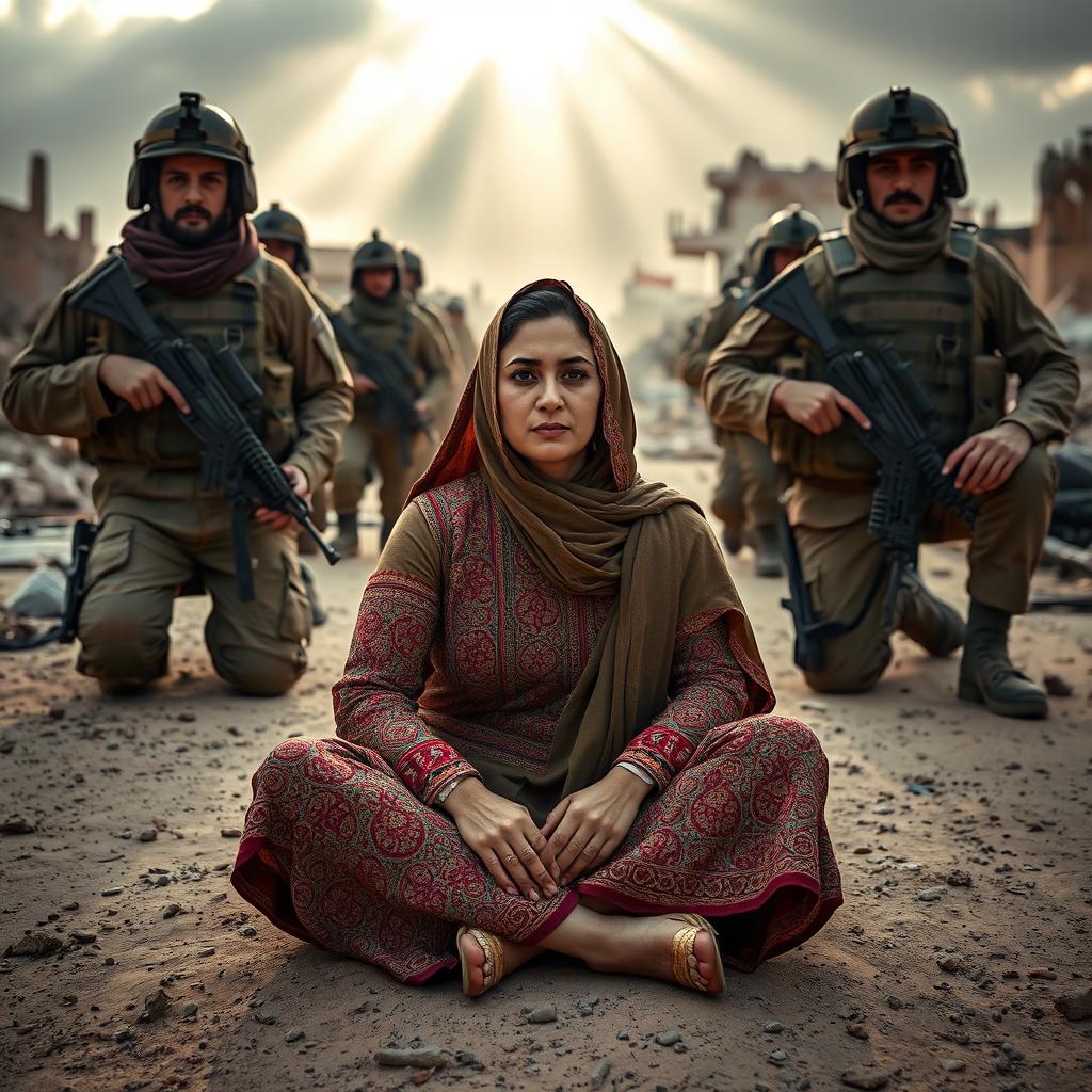 A Syrian woman sitting on the ground, surrounded by soldiers, displaying expressions of resilience and strength