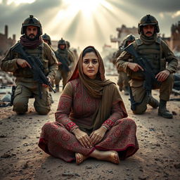 A Syrian woman sitting on the ground, surrounded by soldiers, displaying expressions of resilience and strength