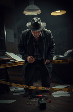 A tense detective scene in a dimly lit room filled with shadows, showcasing a hard-boiled detective with a fedora, standing over a crime scene with police tape and evidence markers