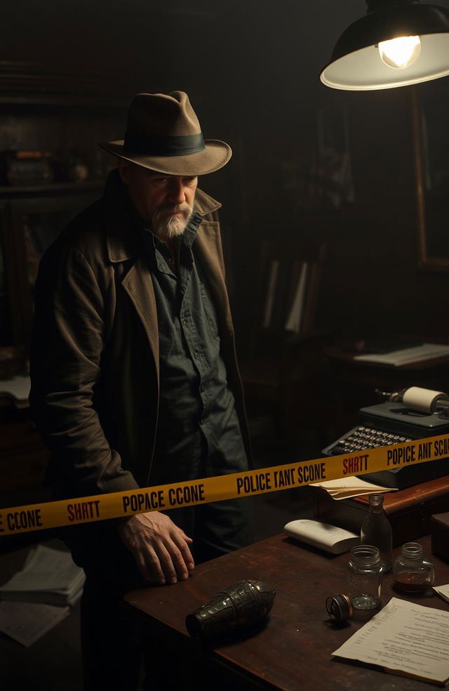 A tense detective scene in a dimly lit room filled with shadows, showcasing a hard-boiled detective with a fedora, standing over a crime scene with police tape and evidence markers