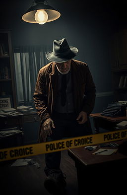 A tense detective scene in a dimly lit room filled with shadows, showcasing a hard-boiled detective with a fedora, standing over a crime scene with police tape and evidence markers