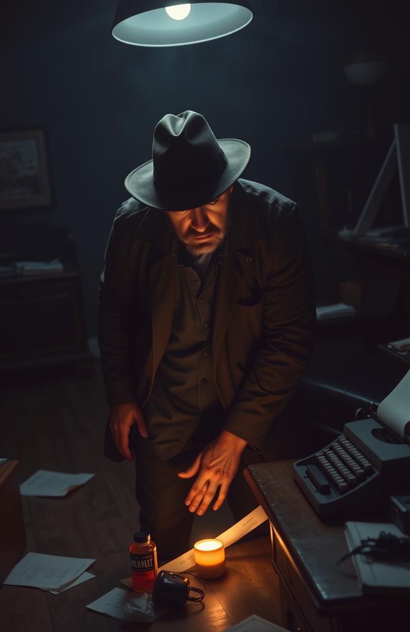 A tense detective scene in a dimly lit room filled with shadows, showcasing a hard-boiled detective with a fedora, standing over a crime scene with police tape and evidence markers