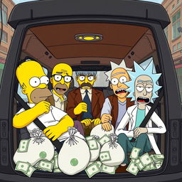 A humorous scene featuring Homer Simpson from 'The Simpsons', Walter White from 'Breaking Bad', and Rick Sanchez and Morty from 'Rick and Morty', all dressed as characters from the series 'Money Heist' (La Casa de Papel)