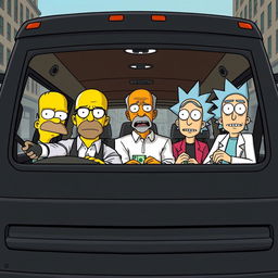 A humorous scene featuring Homer Simpson from 'The Simpsons', Walter White from 'Breaking Bad', and Rick Sanchez and Morty from 'Rick and Morty', all dressed as characters from the series 'Money Heist' (La Casa de Papel)