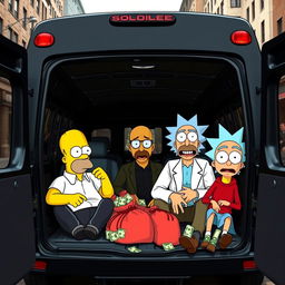 A humorous scene featuring Homer Simpson from 'The Simpsons', Walter White from 'Breaking Bad', and Rick Sanchez and Morty from 'Rick and Morty', all dressed as characters from the series 'Money Heist' (La Casa de Papel)