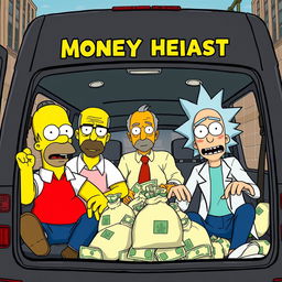 A humorous scene featuring Homer Simpson from 'The Simpsons', Walter White from 'Breaking Bad', and Rick Sanchez and Morty from 'Rick and Morty', all dressed as characters from the series 'Money Heist' (La Casa de Papel)