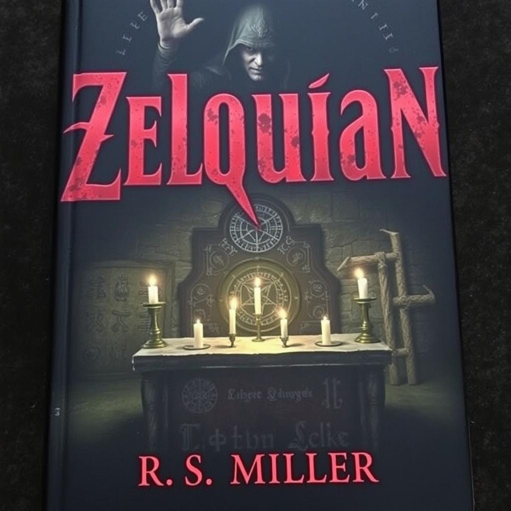 A dark book cover featuring an ancient altar at the center, adorned with strange symbols and extinguished candles