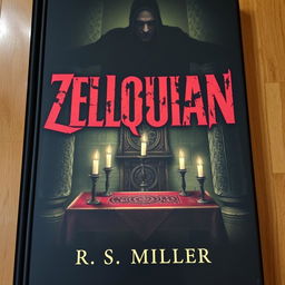 A dark book cover featuring an ancient altar at the center, adorned with strange symbols and extinguished candles