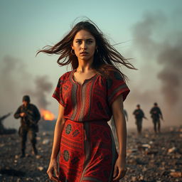 A courageous Syrian woman standing resiliently in a war-torn landscape, showing determination despite the chaos surrounding her