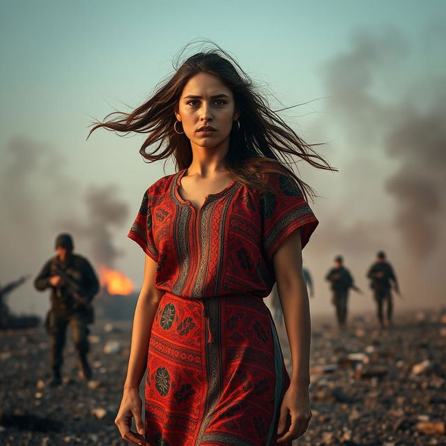 A courageous Syrian woman standing resiliently in a war-torn landscape, showing determination despite the chaos surrounding her