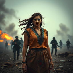 A courageous Syrian woman standing resiliently in a war-torn landscape, showing determination despite the chaos surrounding her