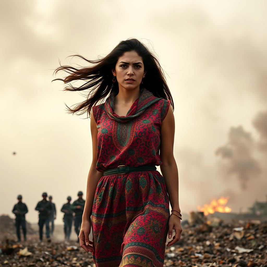 A courageous Syrian woman standing resiliently in a war-torn landscape, showing determination despite the chaos surrounding her