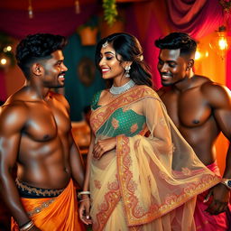 In a vibrant Indian setting, an ultra-beautiful woman, dressed in a stunning transparent saree, exudes confidence and grace