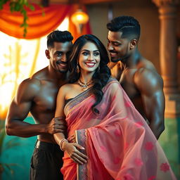 In a vibrant Indian setting, an ultra-beautiful woman, dressed in a stunning transparent saree, exudes confidence and grace