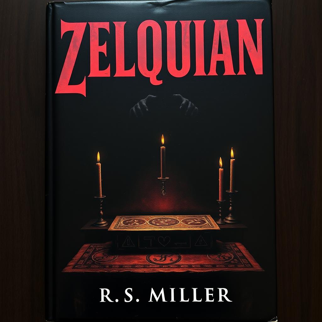 A dark book cover featuring an ancient altar at the center, adorned with strange symbols and dark, tapered candles that are extinguished