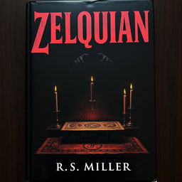 A dark book cover featuring an ancient altar at the center, adorned with strange symbols and dark, tapered candles that are extinguished