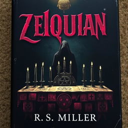 A dark book cover featuring an ancient altar at the center, adorned with strange symbols and dark, tapered candles that are extinguished