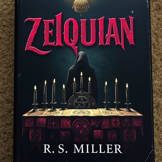 A dark book cover featuring an ancient altar at the center, adorned with strange symbols and dark, tapered candles that are extinguished