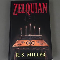 A dark book cover featuring an ancient altar at the center, adorned with strange symbols and dark, tapered candles that are extinguished