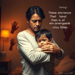 A powerful and emotional image depicting a concerned parent gently holding and protecting a child, with a backdrop of a dimly lit room symbolizing potential dangers that children face