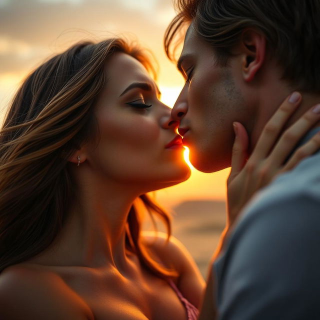 A romantic close-up of two adults passionately kissing