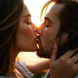 A romantic close-up of two adults passionately kissing
