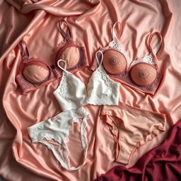 A stylish and elegant collection of underwear and bras displayed on a soft, luxurious fabric background