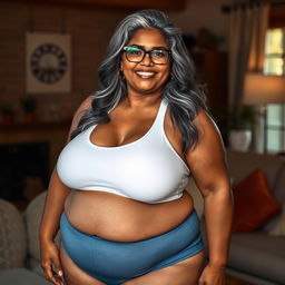 A 55-year-old plus-size Indian woman with a voluptuous body and sensual curves, featuring large breasts and wide hips