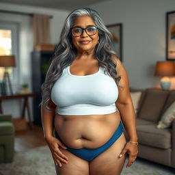A 55-year-old plus-size Indian woman with a voluptuous body and sensual curves, featuring large breasts and wide hips