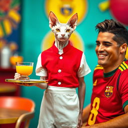 A playful scene featuring a Sphynx cat dressed as a waiter, wearing a red uniform and a white shirt, holding a tray with fruit juice