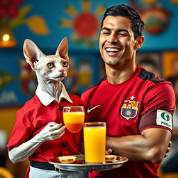 A playful scene featuring a Sphynx cat dressed as a waiter, wearing a red uniform and a white shirt, holding a tray with fruit juice