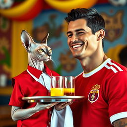 A playful scene featuring a Sphynx cat dressed as a waiter, wearing a red uniform and a white shirt, holding a tray with fruit juice