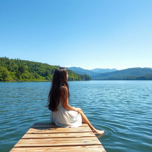 A serene landscape featuring a tranquil lake surrounded by lush greenery and distant mountains under a clear blue sky