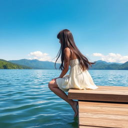 A serene landscape featuring a tranquil lake surrounded by lush greenery and distant mountains under a clear blue sky