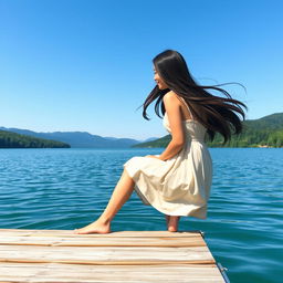 A serene landscape featuring a tranquil lake surrounded by lush greenery and distant mountains under a clear blue sky