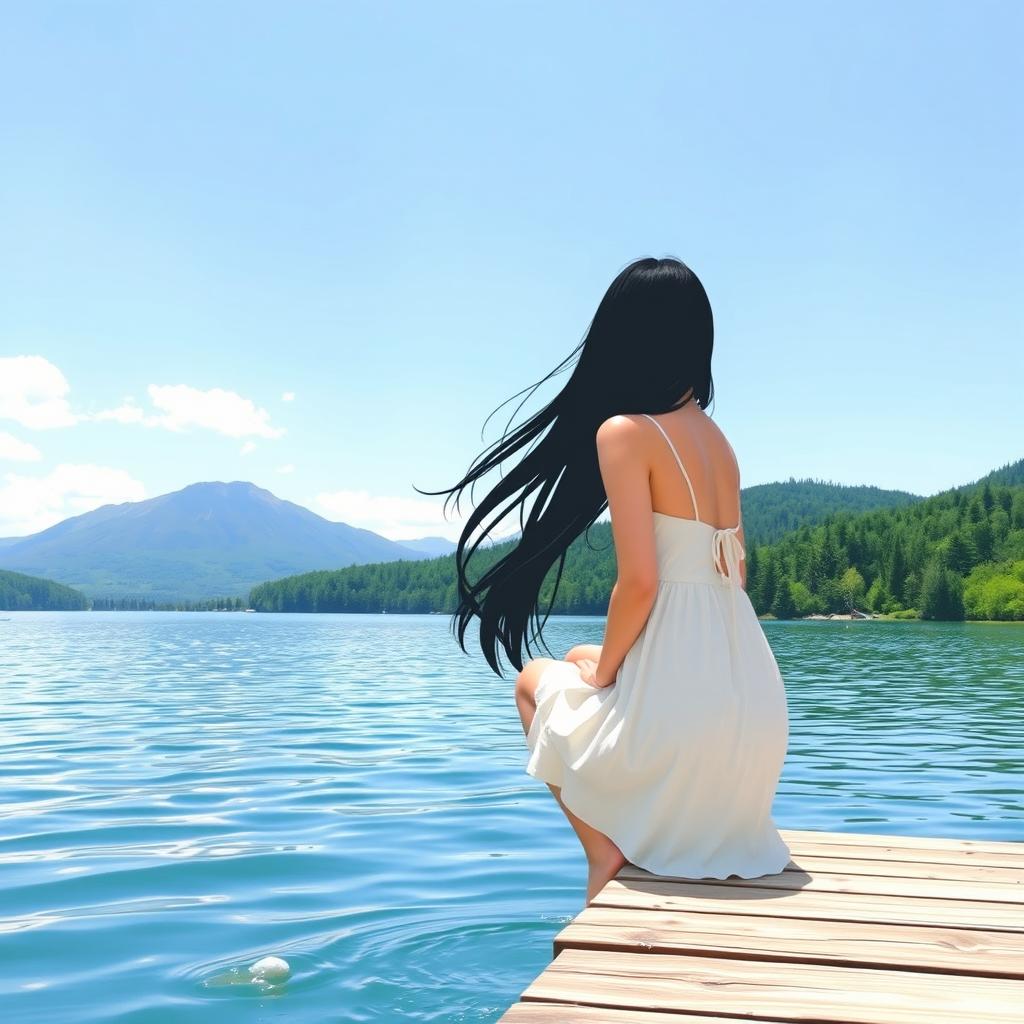 A serene landscape featuring a tranquil lake surrounded by lush greenery and distant mountains under a clear blue sky