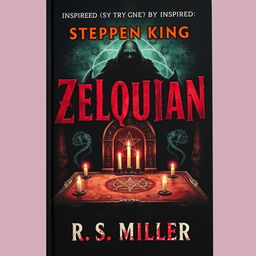 A dark book cover inspired by Stephen King, featuring an ancient altar in the center adorned with strange symbols and unlit candles