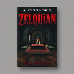 A dark book cover inspired by Stephen King, featuring an ancient altar in the center adorned with strange symbols and unlit candles