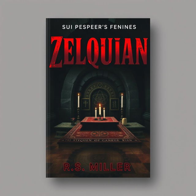 A dark book cover inspired by Stephen King, featuring an ancient altar in the center adorned with strange symbols and unlit candles