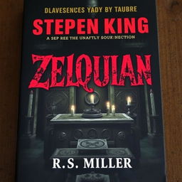 A dark book cover inspired by Stephen King, featuring an ancient altar in the center adorned with strange symbols and unlit candles