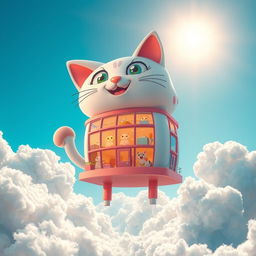 An imaginative scene depicting a whimsical cat manufacturing company floating in the sky among fluffy clouds