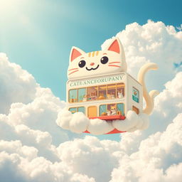 An imaginative scene depicting a whimsical cat manufacturing company floating in the sky among fluffy clouds