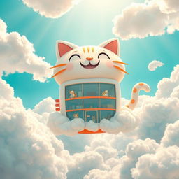An imaginative scene depicting a whimsical cat manufacturing company floating in the sky among fluffy clouds