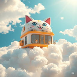 An imaginative scene depicting a whimsical cat manufacturing company floating in the sky among fluffy clouds