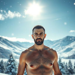A surreal and striking image of a man resembling Bashar al-Assad portrayed in a snowy landscape, standing confidently without clothes