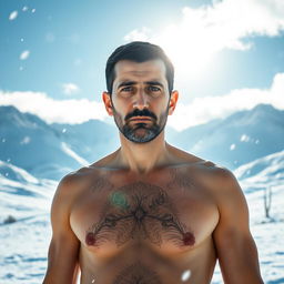 A surreal and striking image of a man resembling Bashar al-Assad portrayed in a snowy landscape, standing confidently without clothes