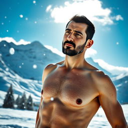 A surreal and striking image of a man resembling Bashar al-Assad portrayed in a snowy landscape, standing confidently without clothes